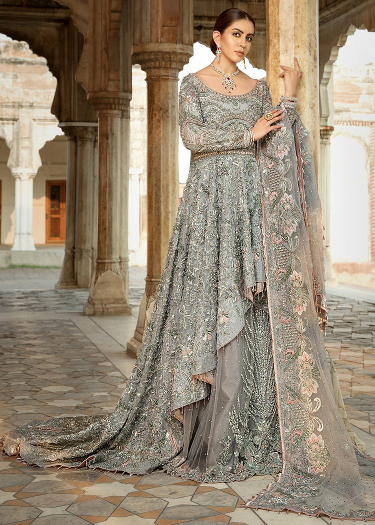 Pakistani Bridal Net Lehnga in Grey Color for Wedding