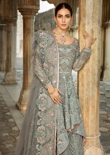 Pakistani Bridal Net Lehnga in Grey Color for Wedding Close Up