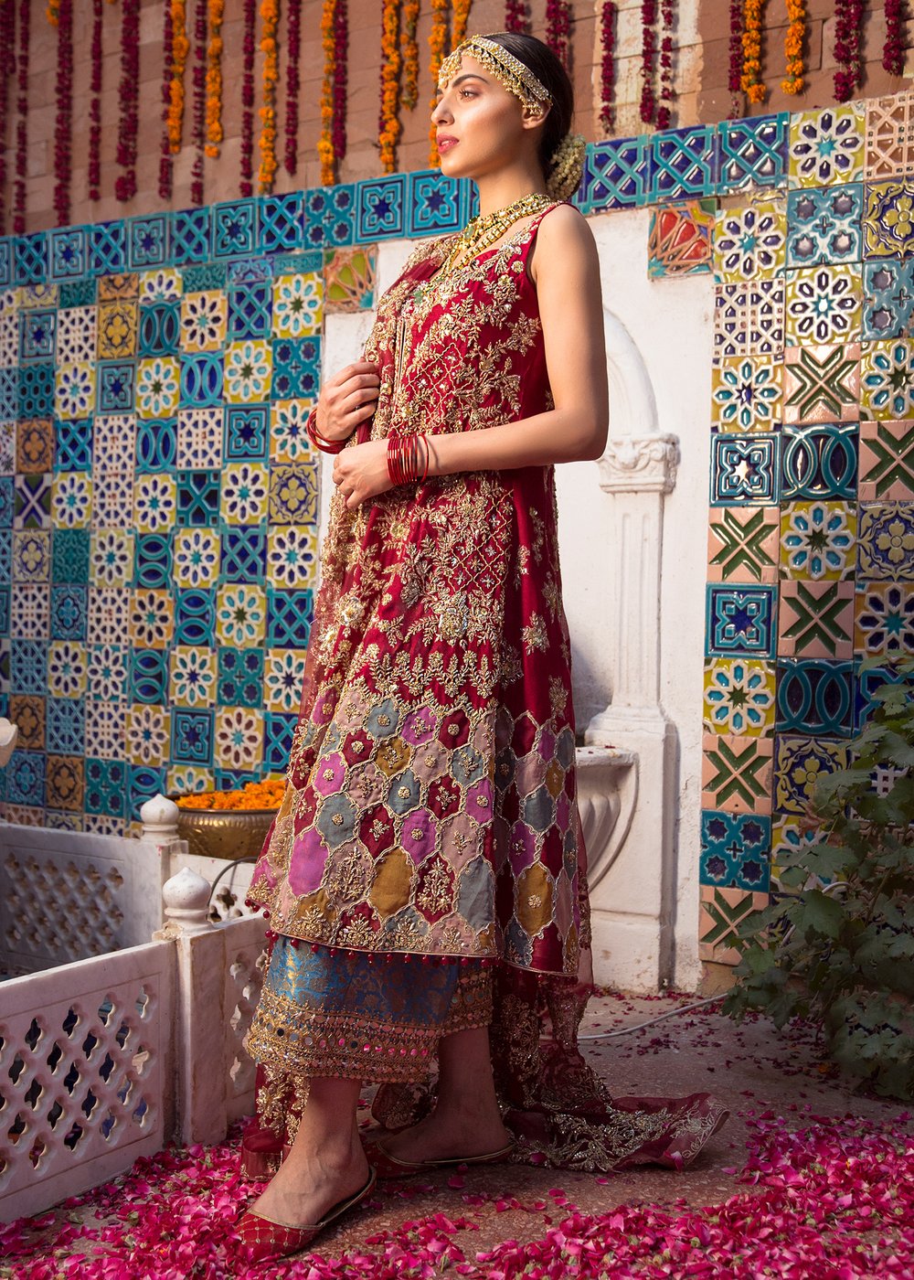 Pakistani Bridal Pashwaz in Red Color for Wedding Side Pose