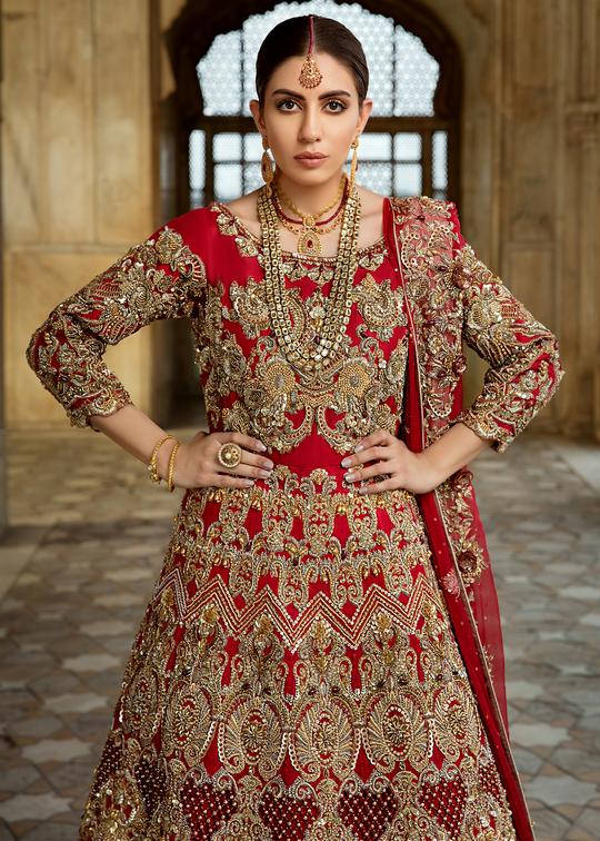 Pakistani Bridal Red Lehnga Dress for Wedding Close Up