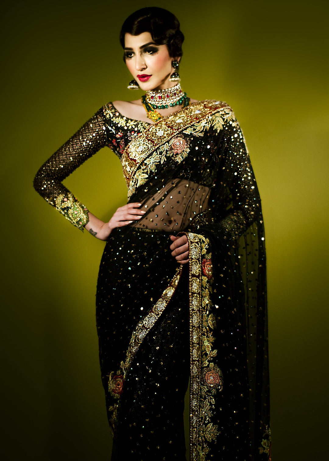 Buy Pakistani Bridal Saree in Black Color for Wedding Nameera by Farooq