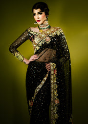 Pakistani Bridal Saree in Black Color for Wedding