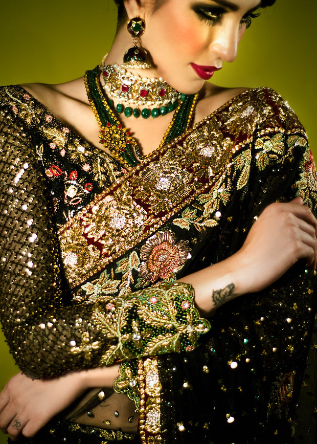 Pakistani Bridal Saree in Black Color for Wedding Close Up