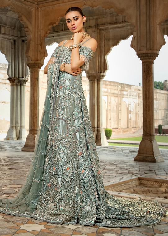 Pakistani Bridal Turquoise Lehnga for Wedding Close Up