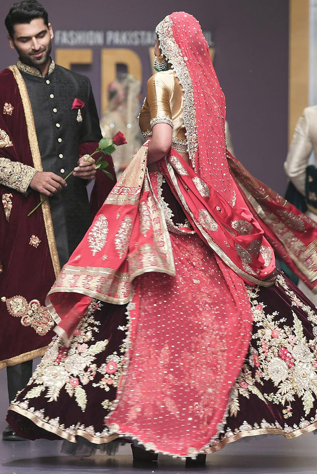 Pakistani Bridal Velvet Lehnga Choli for Wedding Backside View