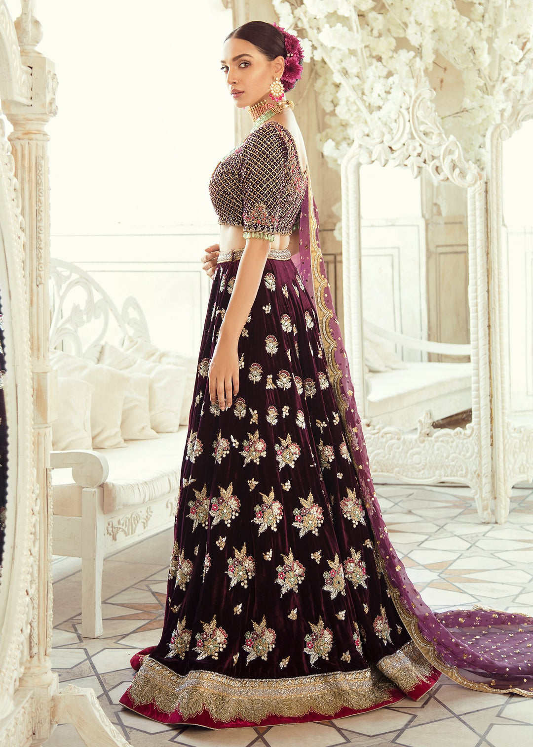 Pakistani Bridal Velvet Lehnga Choli for Wedding Side Look