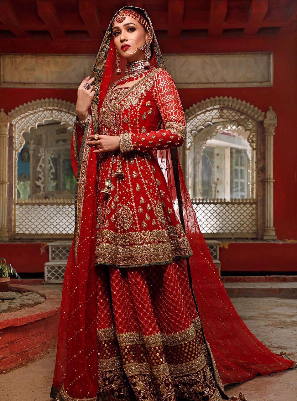 pakistani wedding dresses in red color Nikah Red And White Pakistani Bridal Dresses Red Designer Pakistani Bridal Gown With Embroidered Long Trail