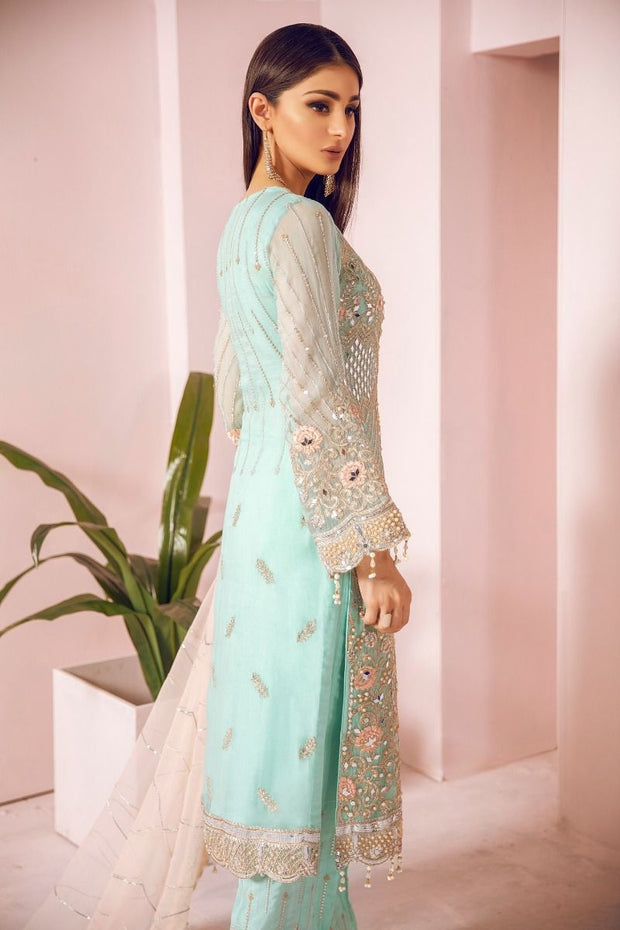Pakistani Chiffon Party Wear in Turquoise Color Backside View