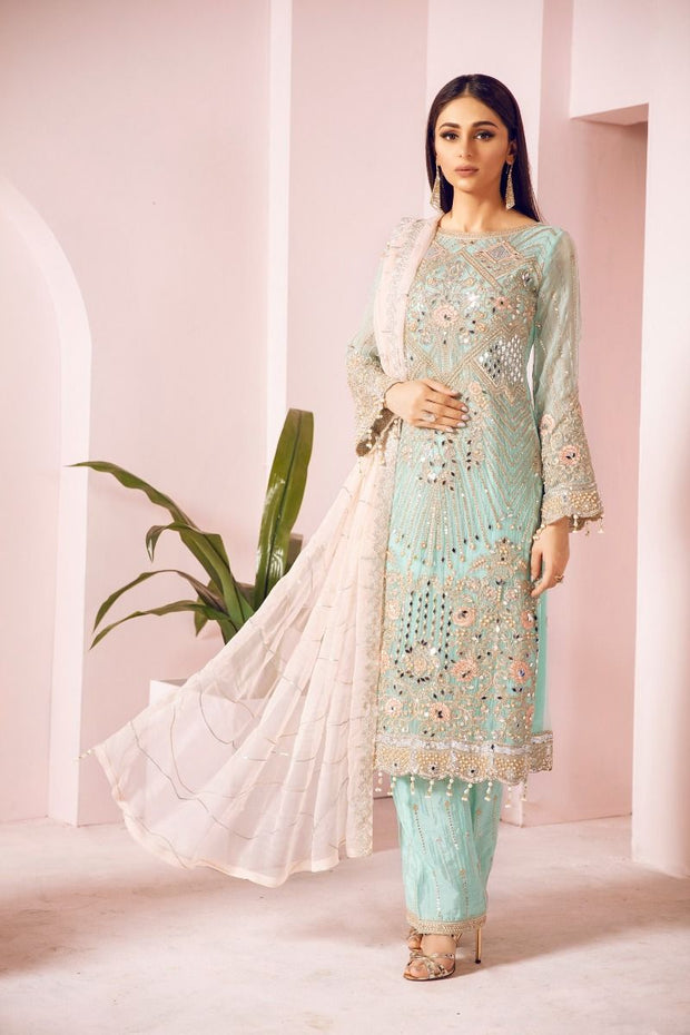 Pakistani Chiffon Party Wear in Turquoise Color Overall Look