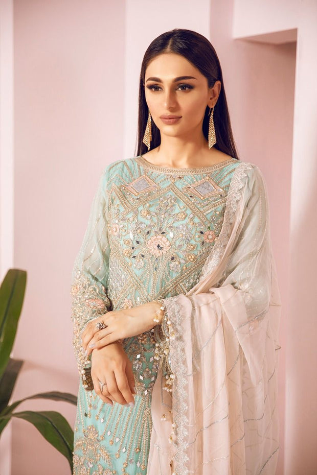 Pakistani Chiffon Party Wear in Turquoise Color Closeup View