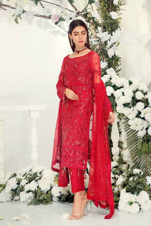 plain red chiffon dress pakistani Heavy Embroidered Red Chiffon Party Wear Dress with Inner (DZ17636) DressyZone.com