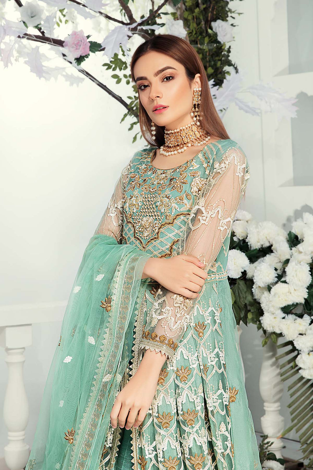 Pakistani Designer Dress in Turquoise Color Close Up