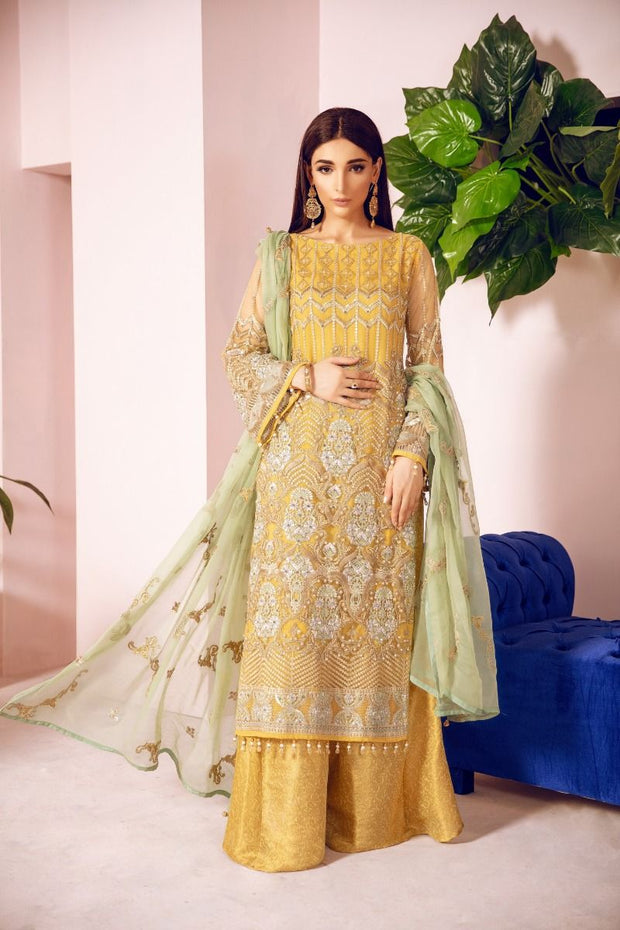 Buy Pakistani Designer Fancy Dress in Mustard Color Nameera by Farooq