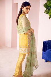 Pakistani Designer Fancy Dress in Mustard Color Backside View