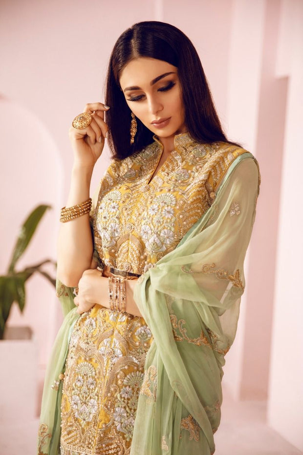 Pakistani Designer Fancy Dress in Mustard Color Close Up