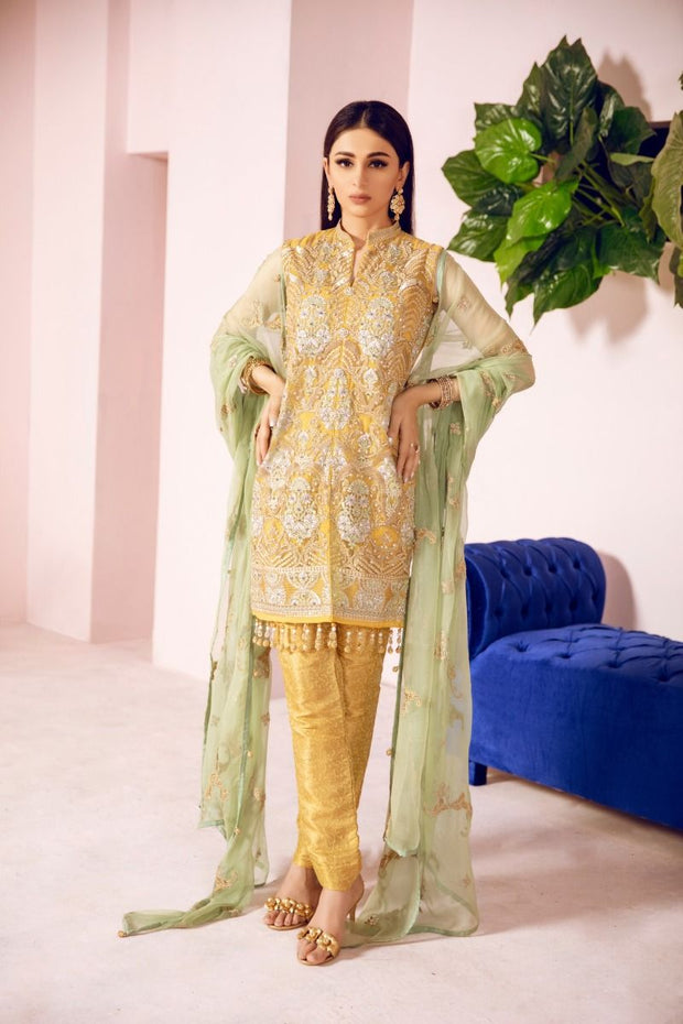 Pakistani Designer Fancy Dress in Mustard Color