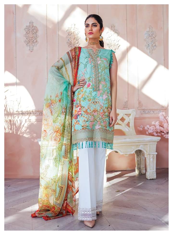 Pakistani Designer Lawn Dress in Mint Green