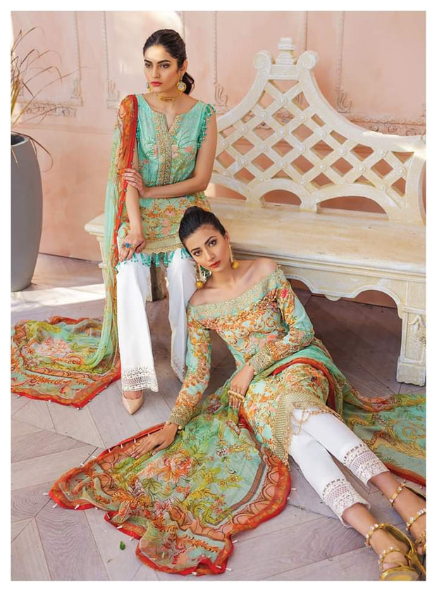 Pakistani Designer Lawn Dress in Mint Green Models Look