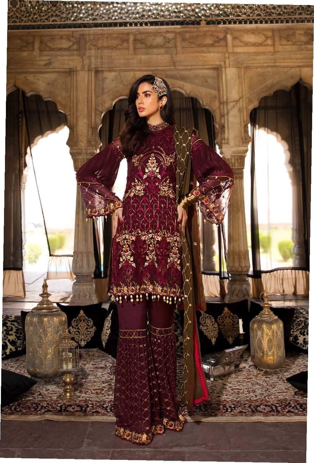 Pakistani Dramatic Red Cherry with dark green Chiffon Color Festive Wear 2019