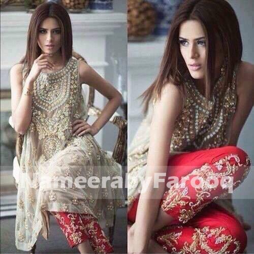 Pakistani Eid Dull Gold Dress with Net Frock and Silk Trouser