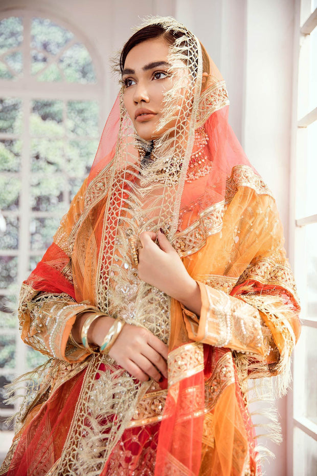 Pakistani Eid Outfit in Orange Red Color Close Up