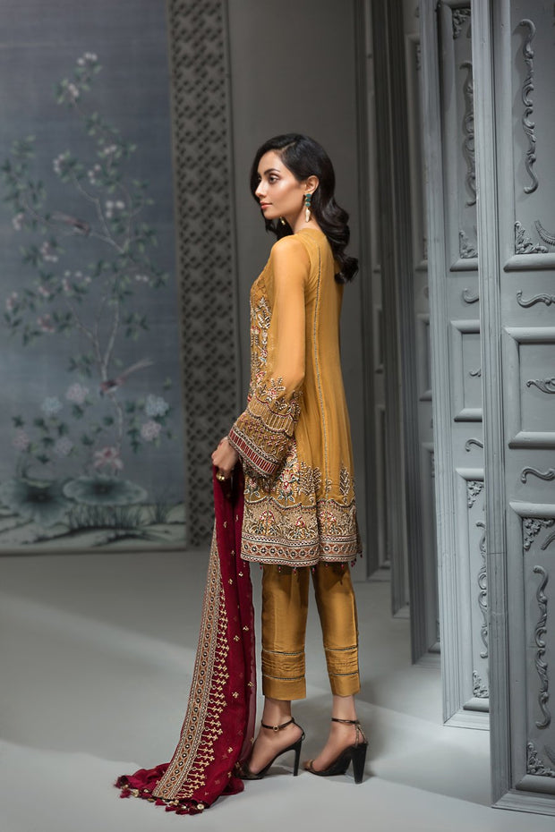 Pakistani Embroidered Party Wear in Mustard Color Backside View