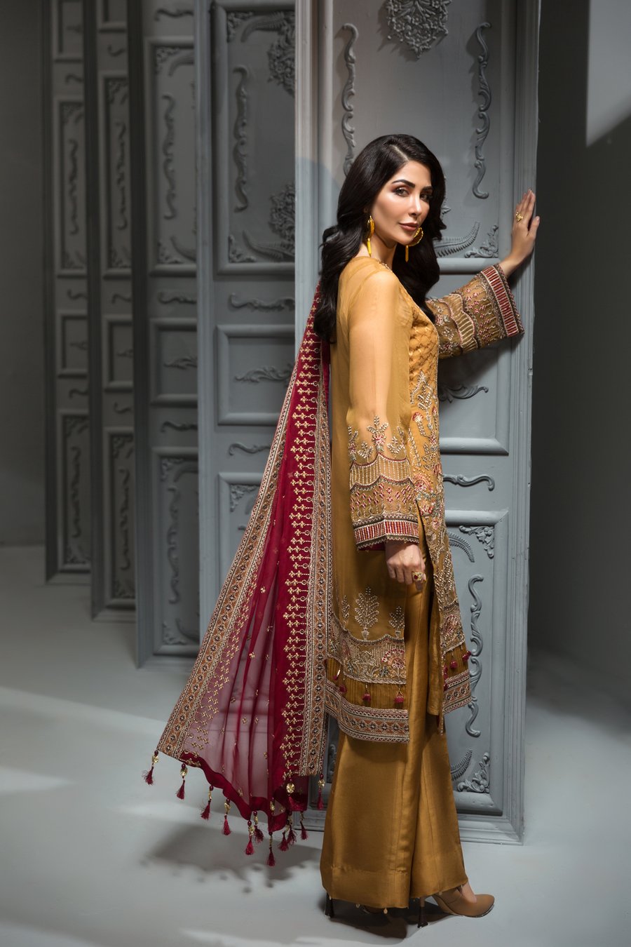 Pakistani Embroidered Party Wear in Mustard Color
