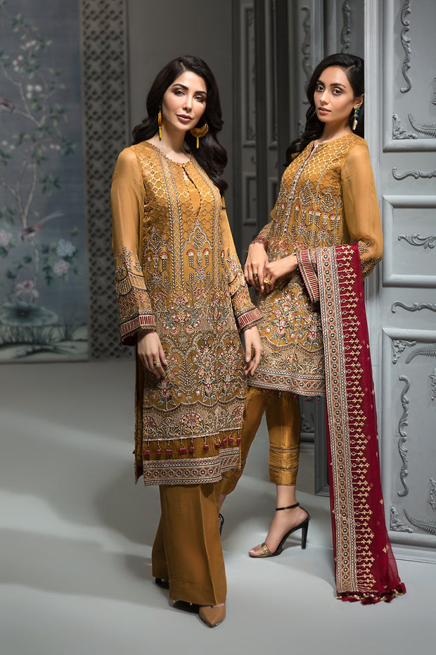 Pakistani Embroidered Party Wear in Mustard Color Models