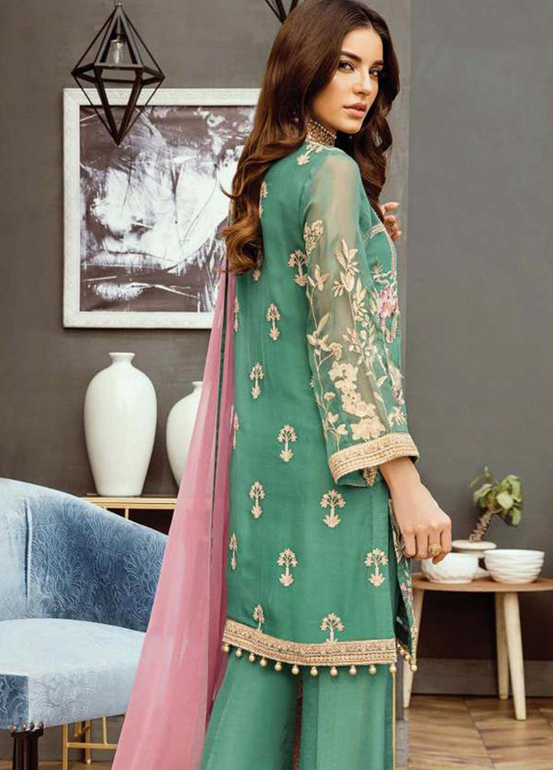 Pakistani Formal Dress in Green Color Backside View