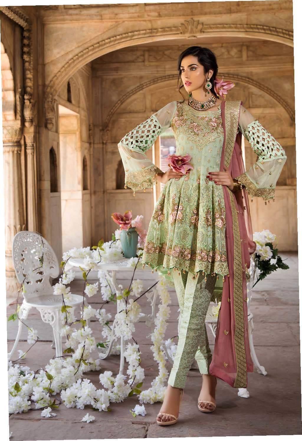 Pakistani Fresh Sea green with tea pink Chiffon Festive Wear 2019