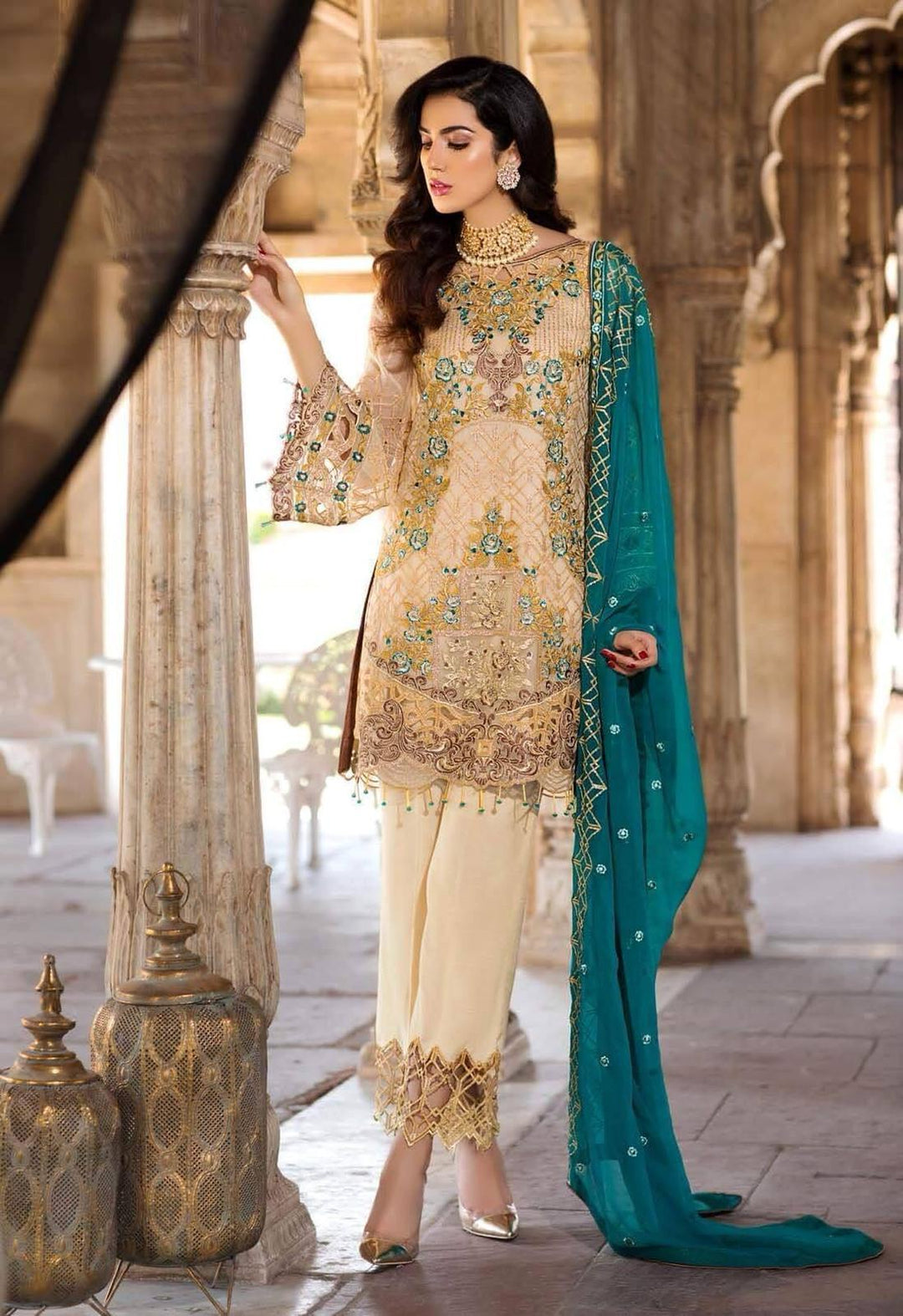 Pakistani Gold cream with bottle green Colour Chiffon Festive Wear 2019