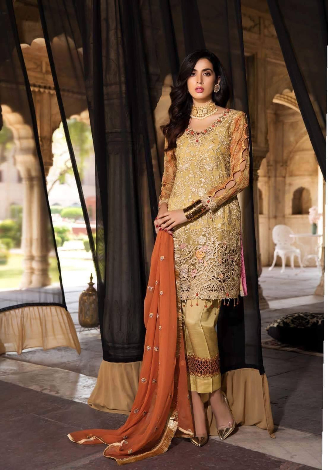 Pakistani Gold lemon with Orange Colour Chiffon Festive Wear 2019