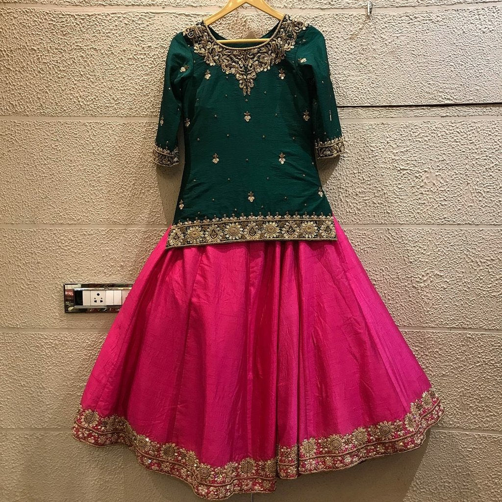 Kids Lehenga Choli With Dabka Work in Bottle Green and Shoking Pink Color Model Kids 15