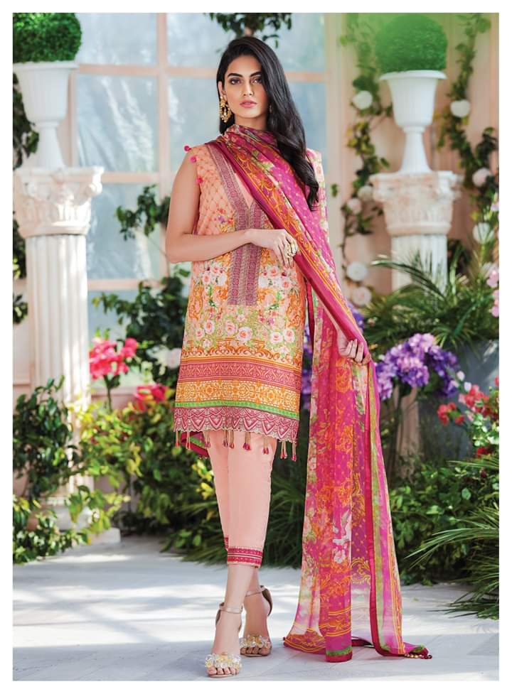 Pakistani Lawn Dress in Peach Color