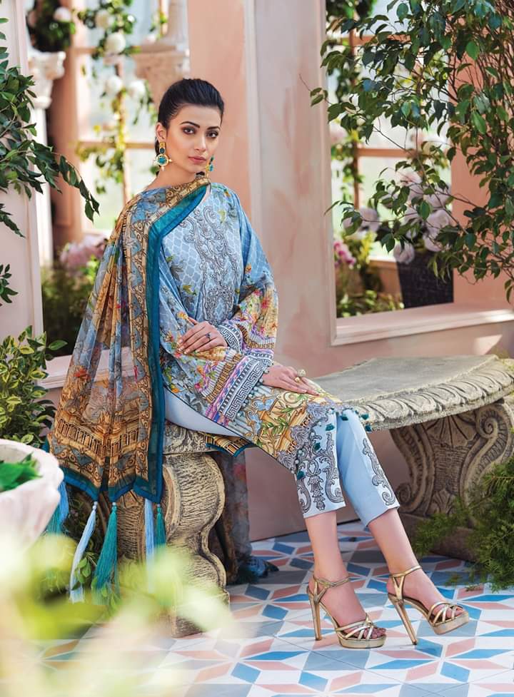 Pakistani Lawn Suit 2020 in Nude Blue Color
