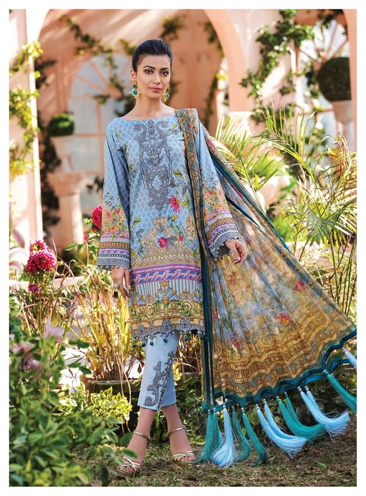Pakistani Lawn Suit 2020 in Nude Blue Color Nameera by Farooq