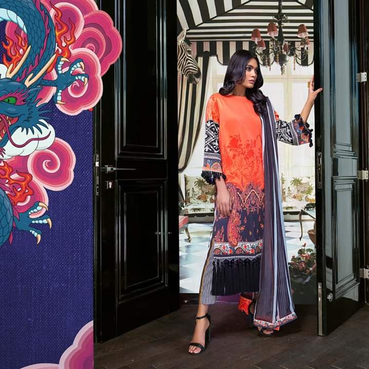 Pakistani Lawn Wear in Orange Color
