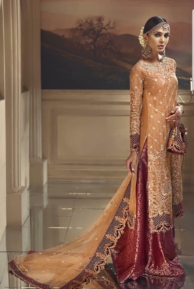 Pakistani Long Shirt And Sharara Tilla Threads Cutwork Nameera by Farooq