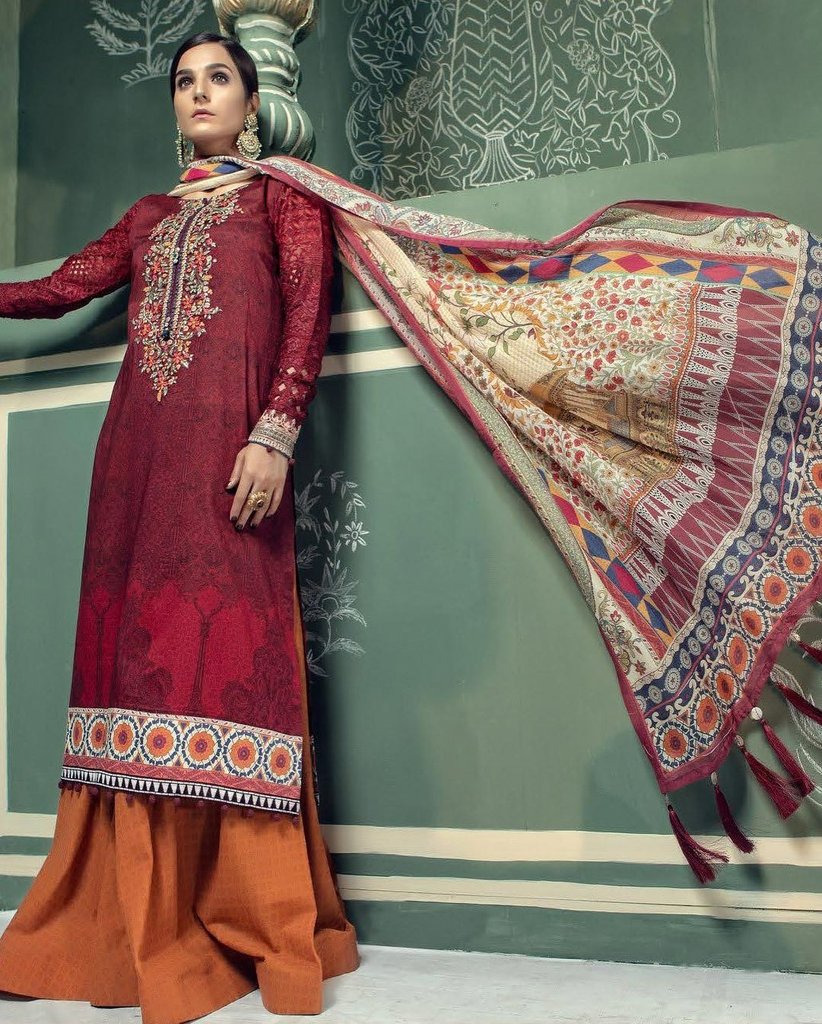 Pakistani Long Shirt with Flair Plazzo Designer Lawn dress Nameera by Farooq