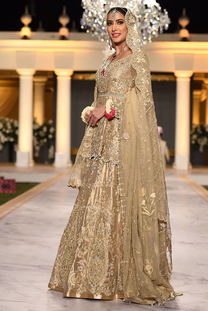 Pakistani Peplum Lehnga in Gold Color for Wedding – Nameera by Farooq