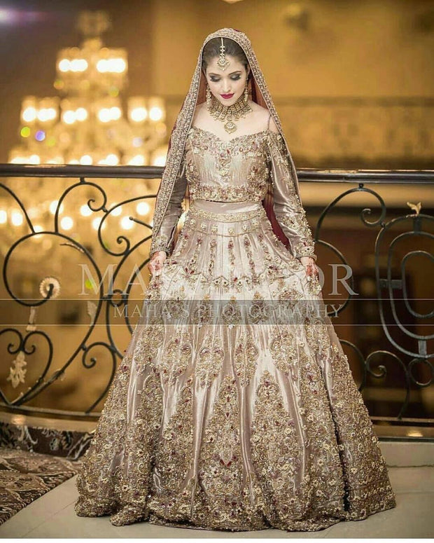 Pakistani Stunning Gold And Ivory Bridal Lehenga Dress