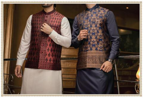 Pakistani Stylish Blue Mehroon Bonarsi Jamawar Mens Waistcoat 