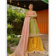 Pakistani Traditional Bridal Lehenga Angrakha Style Multi Color