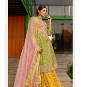 Pakistani Traditional Bridal Lehenga Angrakha Style Multi Color