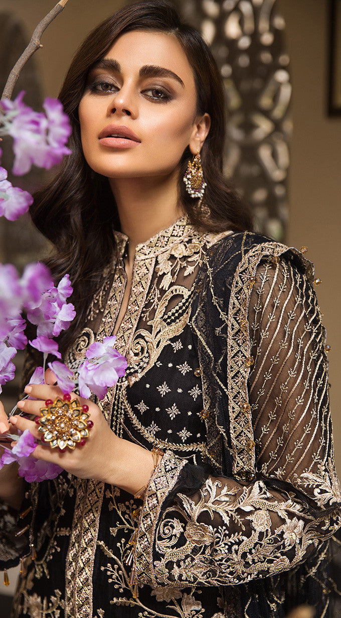 black organza dress pakistani Jet Black Organza Heavy Embroidered Straight Cut Luxe Formal Wear