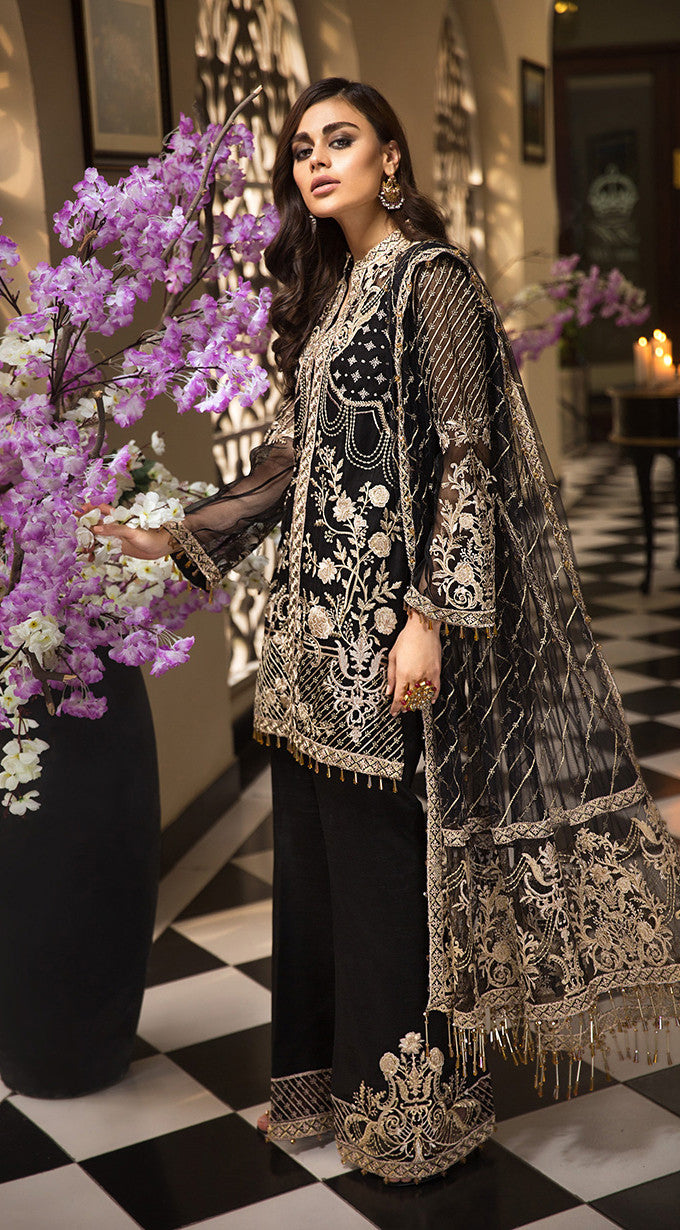 Pakistani black organza dress in elegant black color  Nameera by Farooq