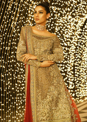 Pakistani bridal embroidered lehnga in gold and maroon color # B3369