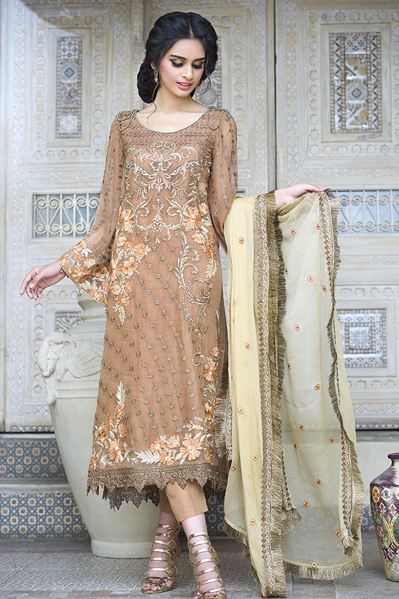 Beautiful Pakistani brown chiffon dress for party # P2295