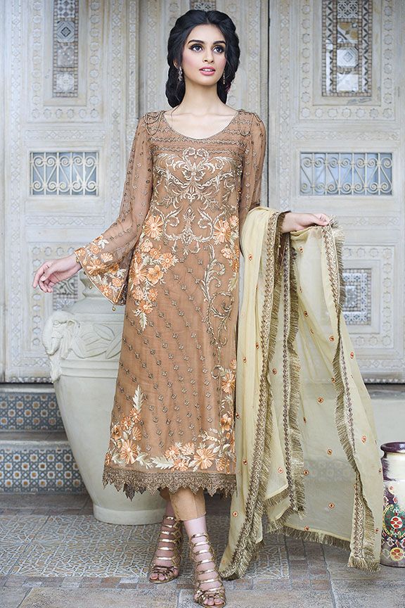 Beautiful Pakistani brown chiffon dress for party