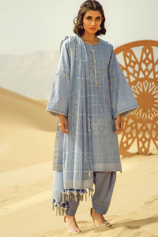 Latest Summer printed Pakistani casual lawn dress in blue color